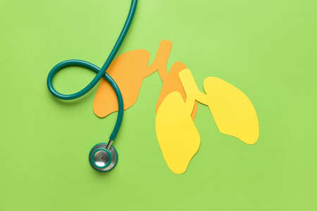 Paper lungs with stethoscope on green backgroundの写真素材