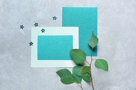 Blank cards with plant branches and stars on light background