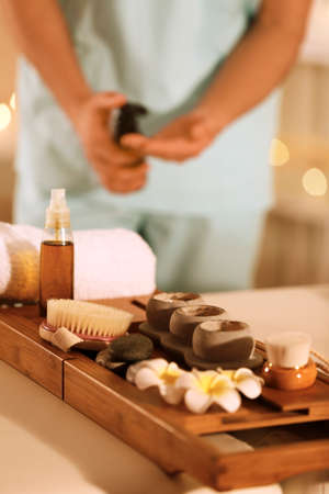 Tray with spa supplies in salonの写真素材