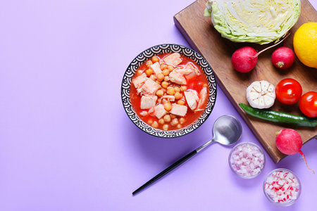 Bowl with tasty pozole soup and ingredients on purple backgroundの写真素材