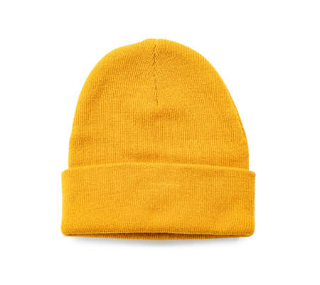 Stylish knitted hat on white background
