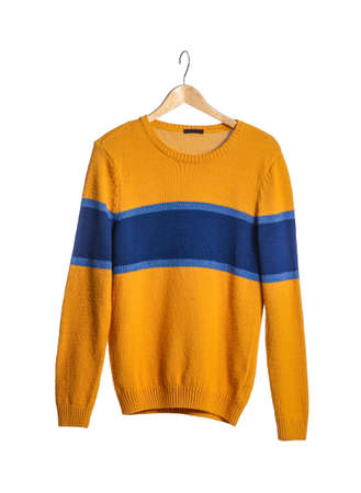 Hanger with stylish sweater on white background