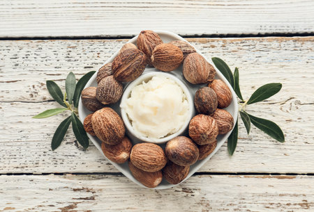 Bowl with shea butter and nuts on light wooden backgroundの写真素材