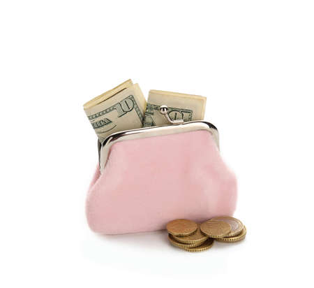 Pink wallet with money on white backgroundの写真素材