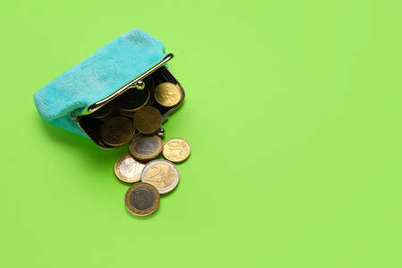 Blue wallet with coins on green backgroundの写真素材