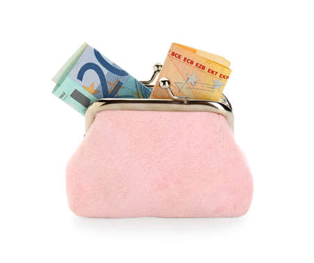 Pink wallet with banknotes on white backgroundの写真素材