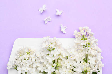 Envelope with beautiful lilac flowers on color background