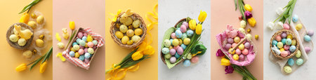 Baskets with painted Easter eggs, bunnies and tulip flowers, top viewの写真素材
