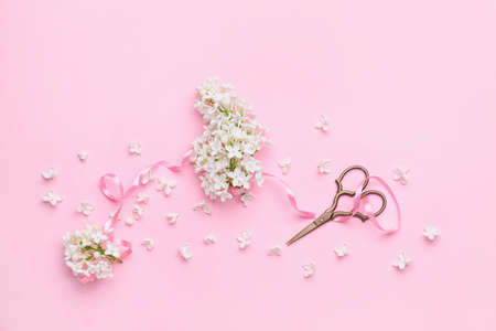 Beautiful lilac flowers, scissors and ribbon on color backgroundの写真素材