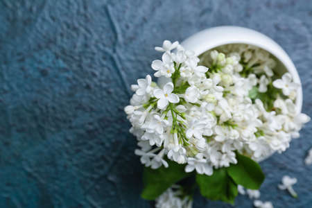 Bowl with beautiful lilac flowers on dark backgroundの写真素材