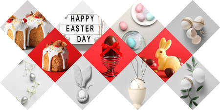 Collage with tasty Easter cakes, bunny and eggs on white background
