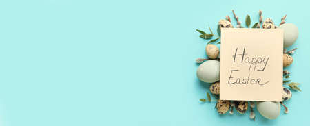 Greeting card with text HAPPY EASTER and eggs on color background with space for text