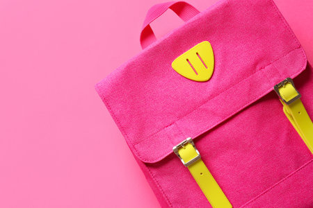 School backpack on color backgroundの写真素材