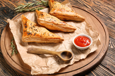 Board with tasty Uzbek samsa and tomato sauce on wooden backgroundの写真素材