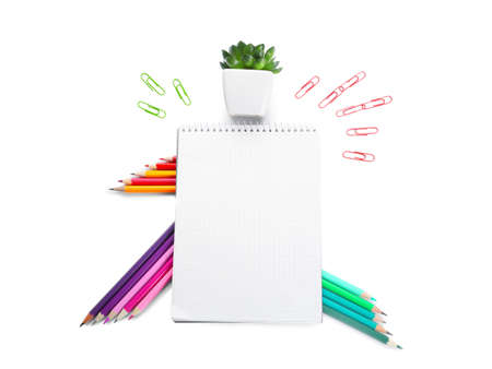 Composition with blank notebook, color pencils, clips and houseplant on white backgroundの写真素材
