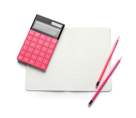 Calculator, open notebook and pencils on white background