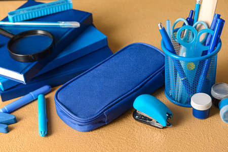 Set of colorful stationery on color background, closeupの写真素材