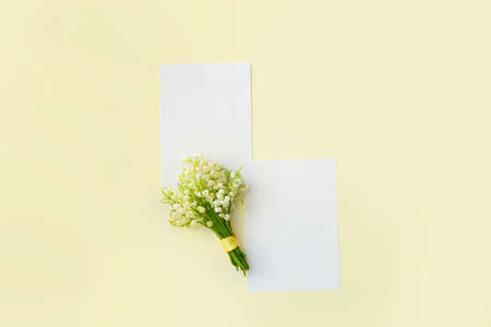 Blank cards and beautiful lily-of-the-valley flowers on light backgroundの写真素材