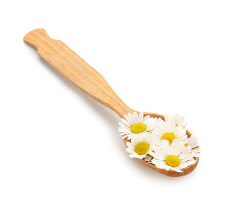 Spoon with chamomile flowers on white backgroundの写真素材