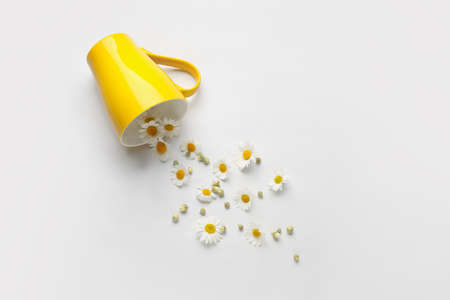 Composition with cup and chamomile flowers on light flowers