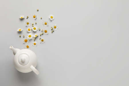 Teapot and chamomile flowers on gray backgroundの写真素材