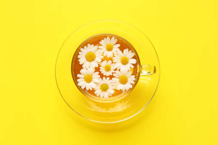 Cup of tasty chamomile tea with flowers on color backgroundの写真素材