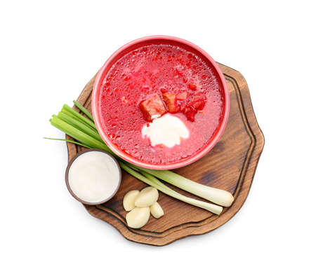 Composition with tasty borscht on white background