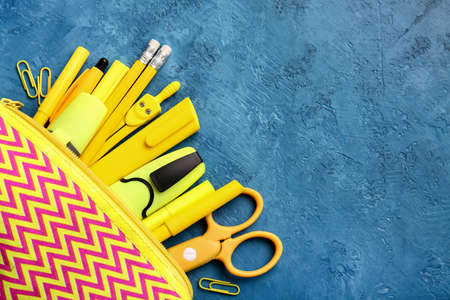 Pencil case with set of stationery on color background