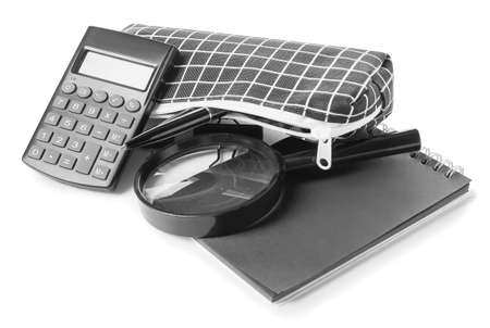 Pencil case with stationary on white backgroundの写真素材