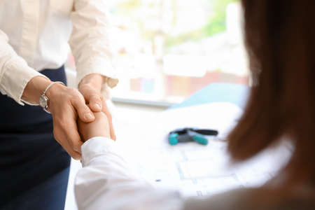 Businesswomen shaking hands during meeting in office