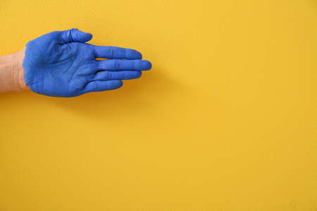 hand painted blue palm on yellow backgroundの写真素材