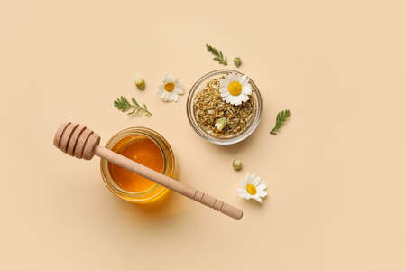 Composition with jar of sweet honey and dried chamomile flowers on color backgroundの写真素材