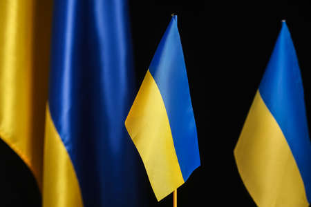 Flags of Ukraine on dark backgroundの写真素材