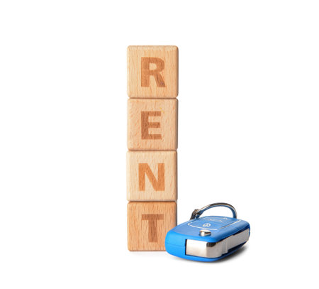 Word RENT and key from car on white backgroundの写真素材