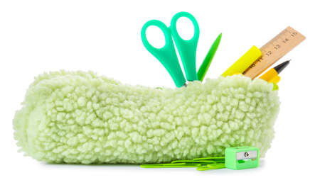 Pencil case with stationery on white backgroundの写真素材