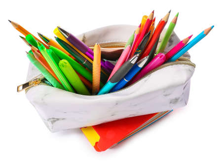 Pencil case with stationery on white background