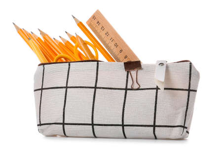Pencil case with stationery on white background