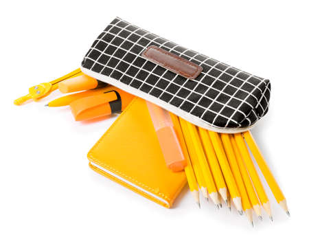 Pencil case with stationery on white background
