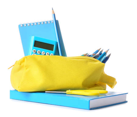 Pencil case with stationery on white background