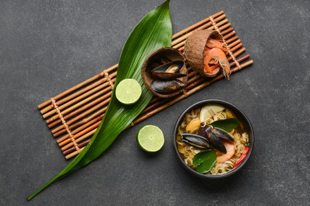 Bowl of spicy Thai soup on dark background