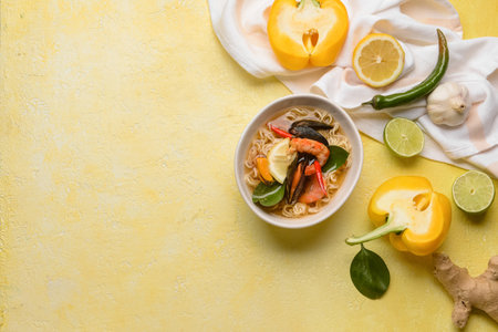 Bowl of spicy Thai soup on color background