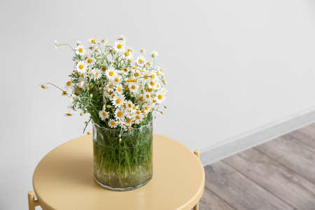 Vase with chamomiles on table near light wallの写真素材
