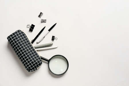 Pencil case and stationery on white backgroundの写真素材