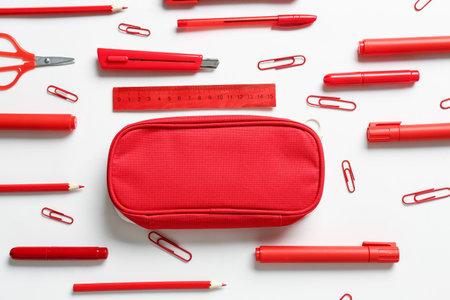 Pencil case and stationery on white backgroundの写真素材