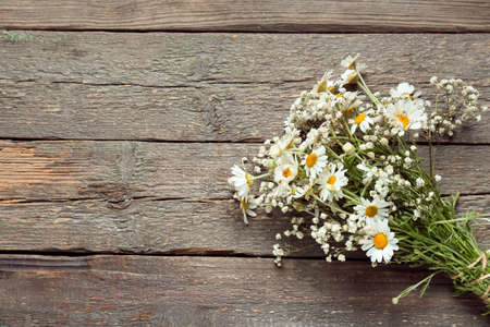 Bouquet of beautiful chamomile flowers on wooden backgroundの写真素材