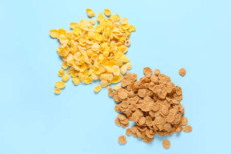 Tasty corn flakes on color backgroundの写真素材