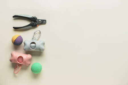 Dispensers with pet waste bags, balls and nail clipper on color background