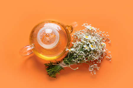 Teapot of natural chamomile tea and flowers on orange backgroundの写真素材