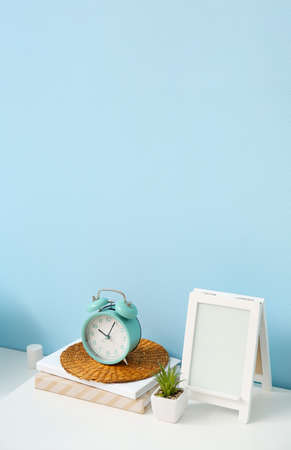 Alarm clock, books, houseplant and frame on table in room