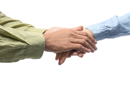 woman and man holding hands on white backgroundの写真素材